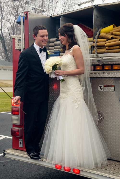 Rose and Adam's Wedding - Riding Away on the Firetruck